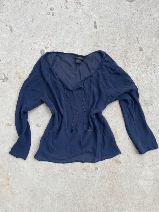 Express Tops - Express RARE Vintage Y2K Silk Tie Navy Peasant Blouse